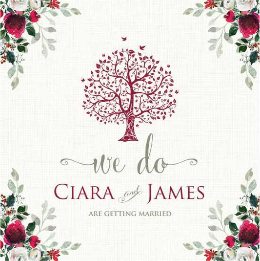 A wedding invitation card with a floral border and a central tree illustration, featuring the text 'we do - Ciara and James are getting married'.